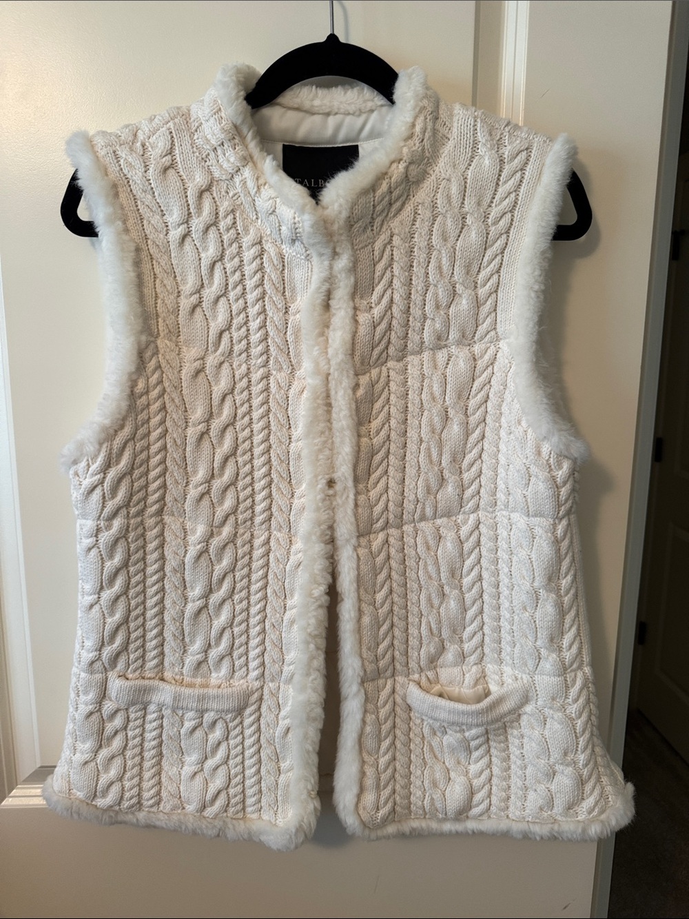 Talbots Cozy Cream Cable-Knit Faux Fur Vest
